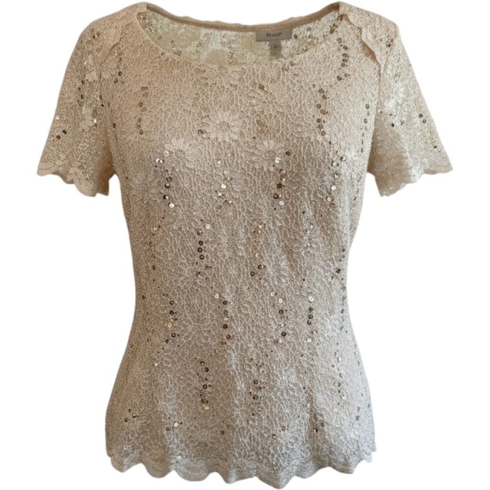 Jacques Vert Petite Cream Lace Sequin Short Sleeve Blouse Top 038499 Size 10